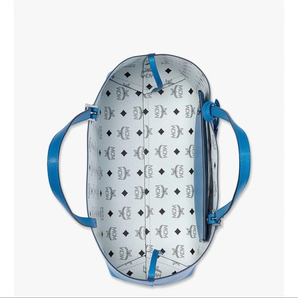 MCM Tote Himmel Shopper Embossed Logo Leather New Munich Blue NWT full inclusion - Picture 15 of 17